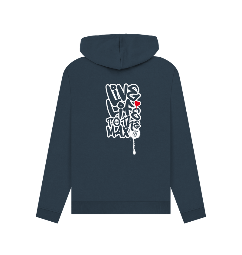 Navy Blue Threaded Rebels, Women's Certified Organic Cotton Pullover Hoodie Live Life, Rear W