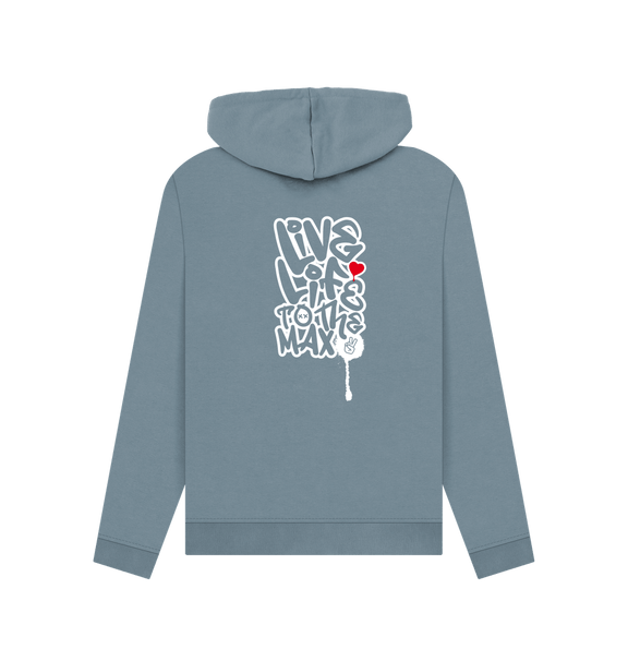 Stone Blue Threaded Rebels, Women's Certified Organic Cotton Pullover Hoodie Live Life, Rear W