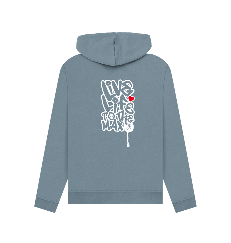 Stone Blue Threaded Rebels, Women's Certified Organic Cotton Pullover Hoodie Live Life, Rear W