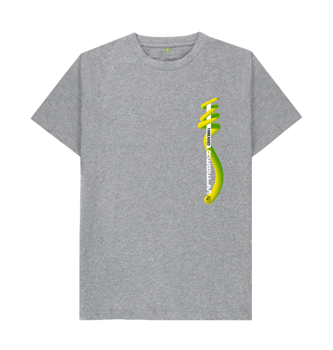 Athletic Grey Threaded Rebels, Men's Certified Organic Cotton T-shirt, Left Vertical Twirl GYW