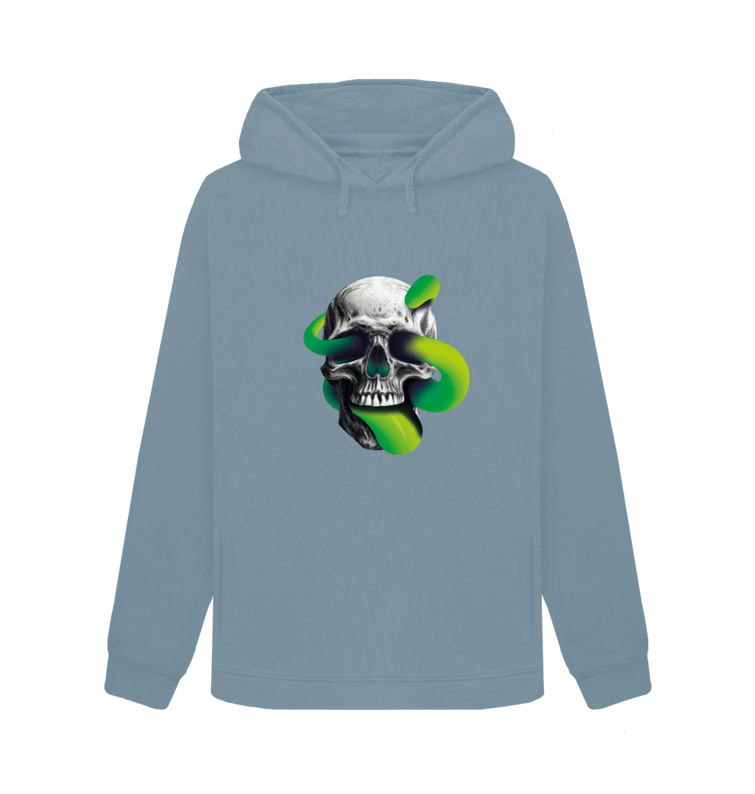 Stone Blue Threaded Rebels, Women's Certified Organic Cotton Pullover Hoodie, Skull Tongue G