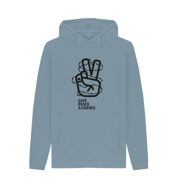 Stone Blue Threaded Rebels, Men's Certified Organic Cotton Hoodie, Front Peace B