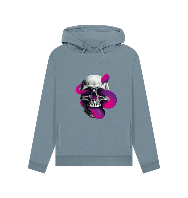 Stone Blue Threaded Rebels, Women's Certified Organic Cotton Pullover Hoodie, Skull Tongue P