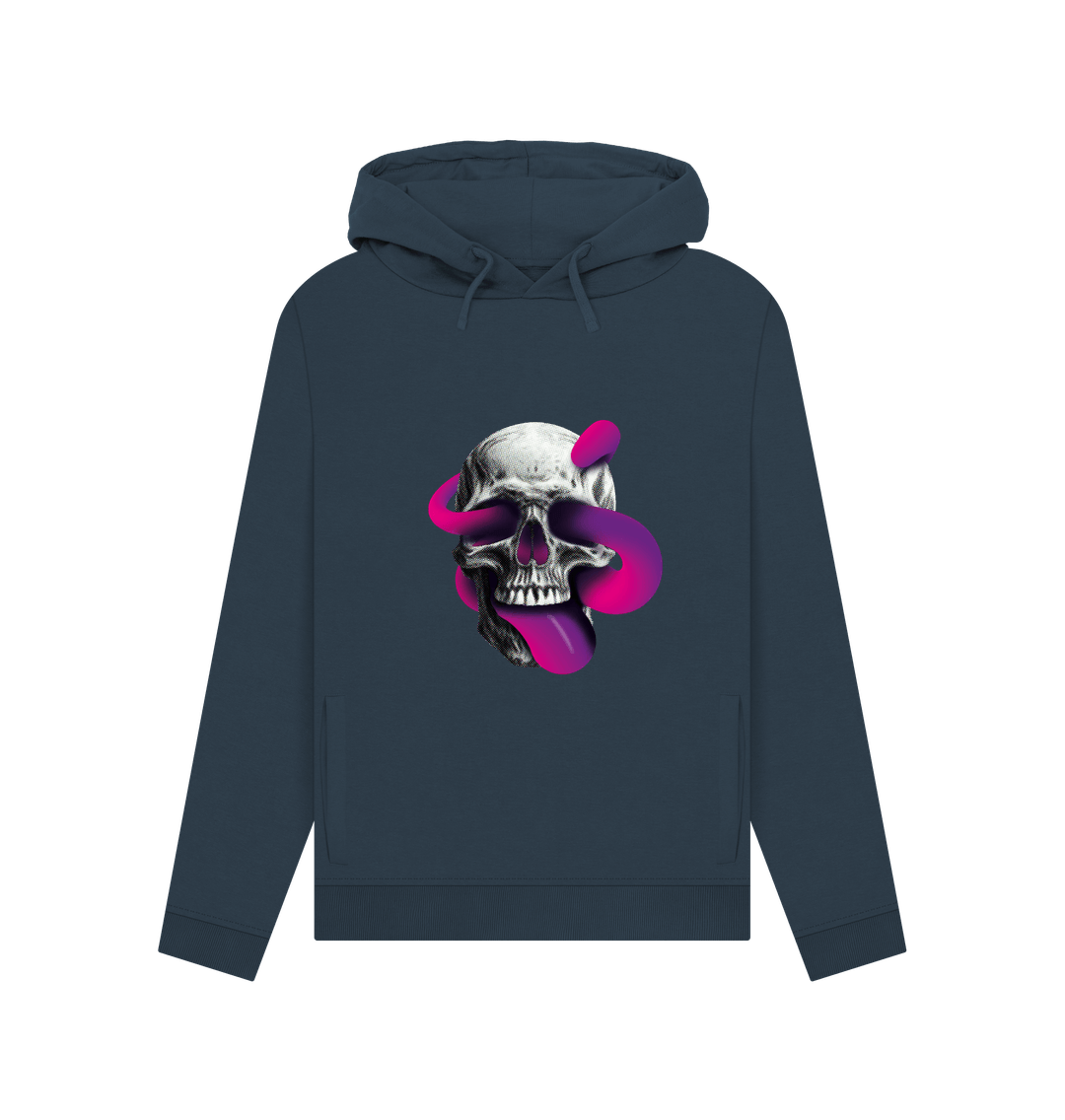 Navy Blue Threaded Rebels, Women's Certified Organic Cotton Pullover Hoodie, Skull Tongue P