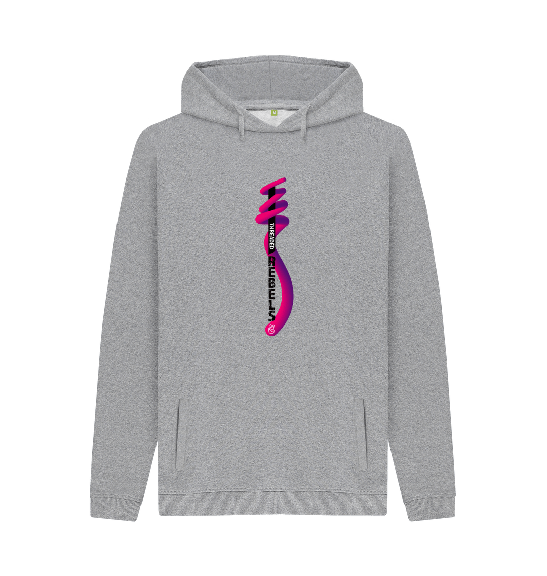 Light Heather Threaded Rebels, Men's Certified Organic Cotton Pullover Hoodie, Front Vertical Twirl PB