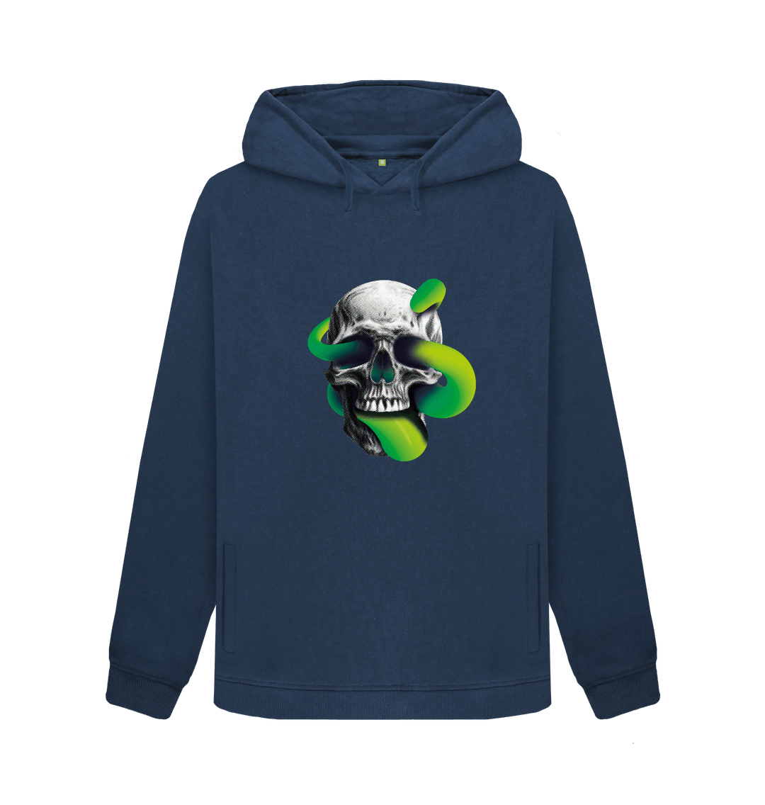 Navy Blue Threaded Rebels, Women's Certified Organic Cotton Pullover Hoodie, Skull Tongue G