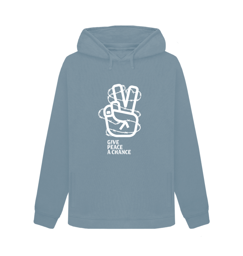 Stone Blue Threaded Rebels, Women's Certified Organic Cotton Pullover Hoodie, Peace W