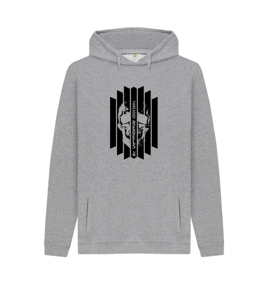 Light Heather Threaded Rebels, Men's Certified Organic Cotton Pullover Hoodie, Front Skull Vertical BW