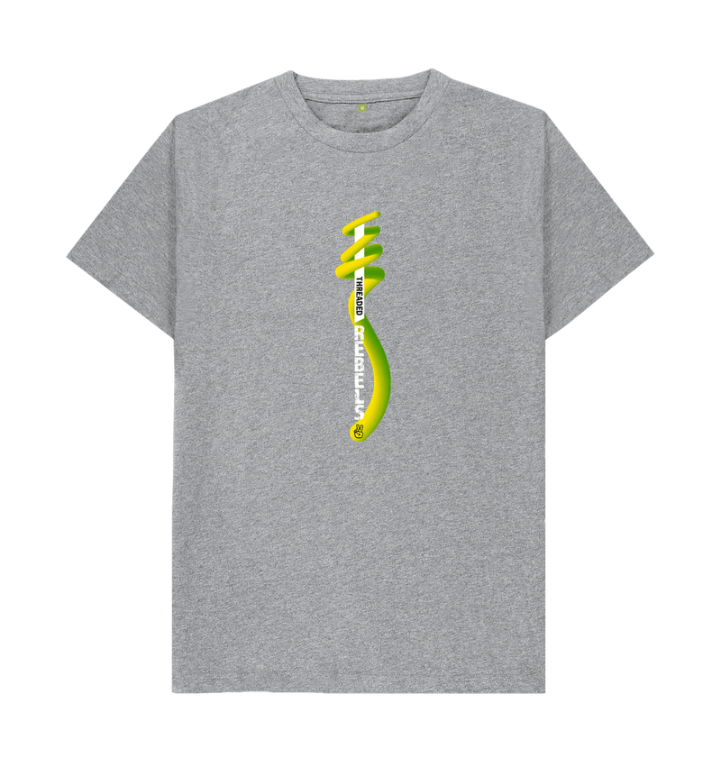 Athletic Grey Threaded Rebels, Men's Certified Organic Cotton T-shirt, Front Vertical Twirl GYW