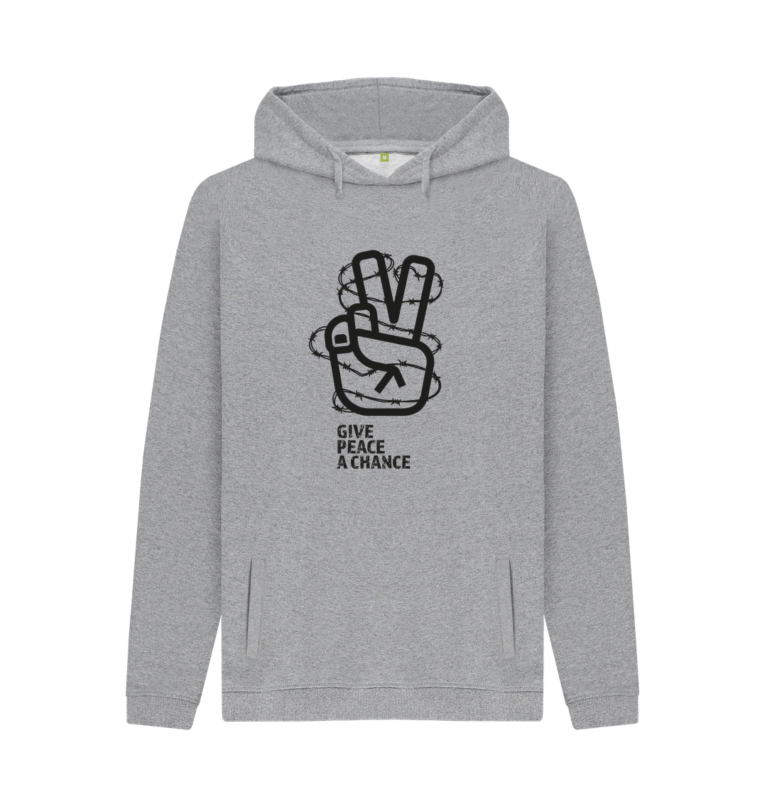 Light Heather Threaded Rebels, Men's Certified Organic Cotton Hoodie, Front Peace B