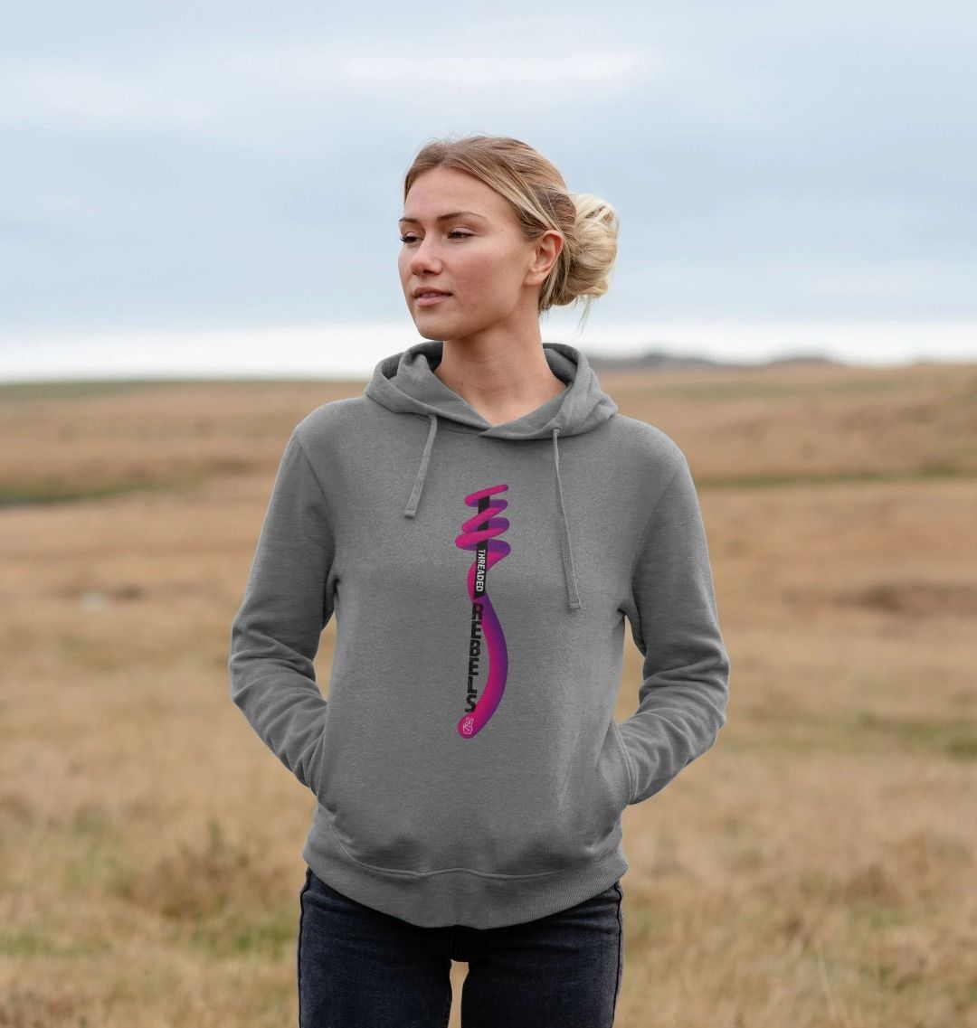 Threaded Rebels, Women's Certified Organic Cotton Pullover Hoodie, Front Vertical Twirl PB